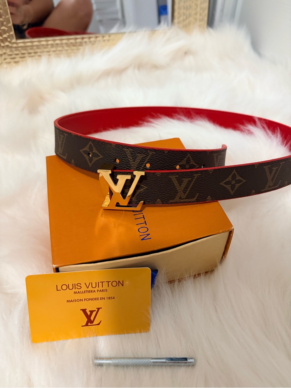 Louis Vuitton Brown Monogram Belt with Red Interior and Gold LV Buckle